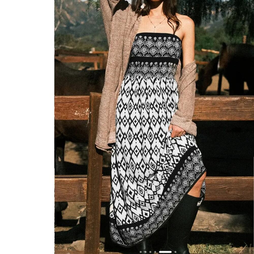 Cupshe Black & White Geo Sleeveless Maxi Tube Dress XL NWT Resort Boho Spring